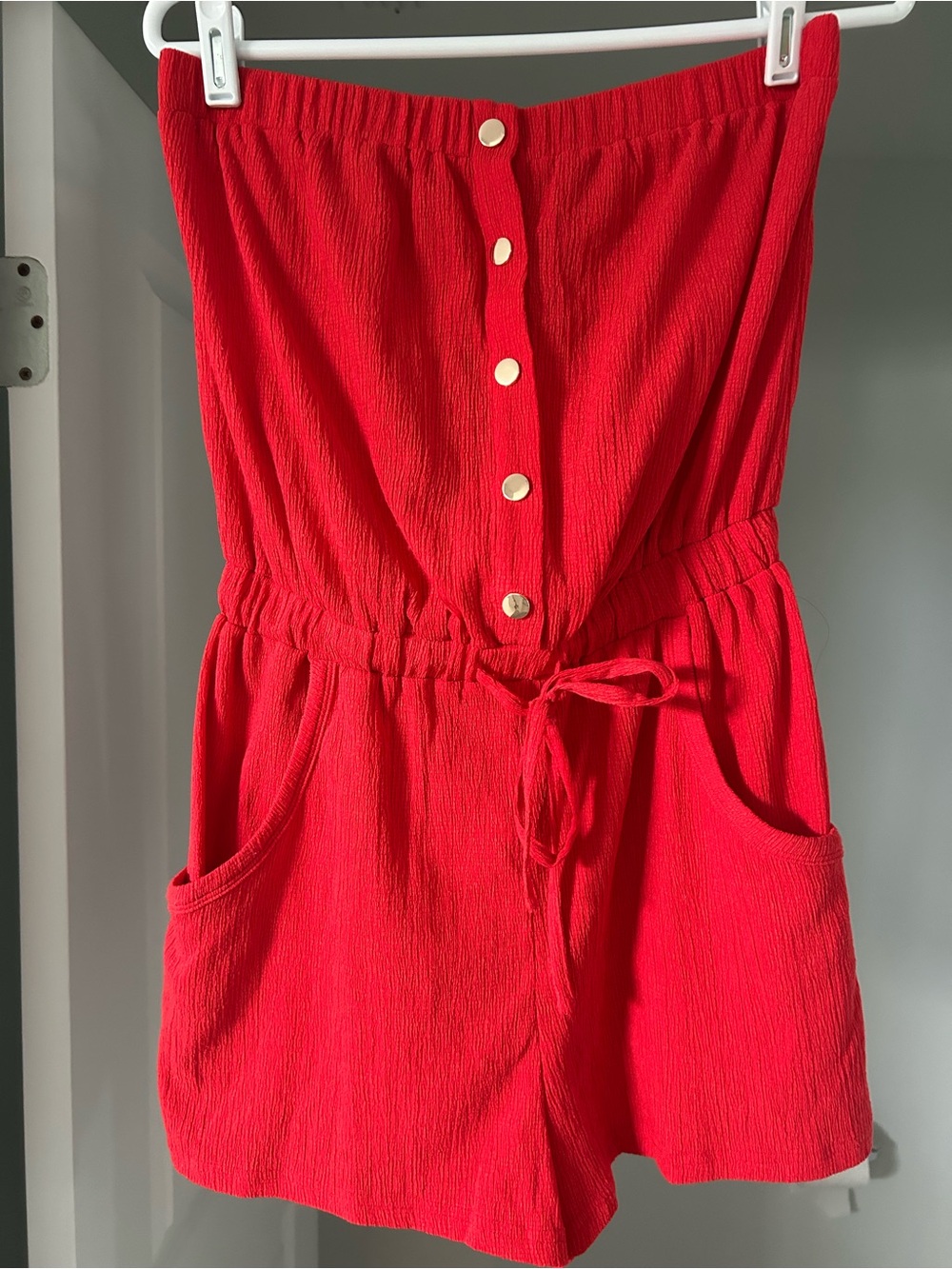 Strapless Red Romper Dress with Waist Tie